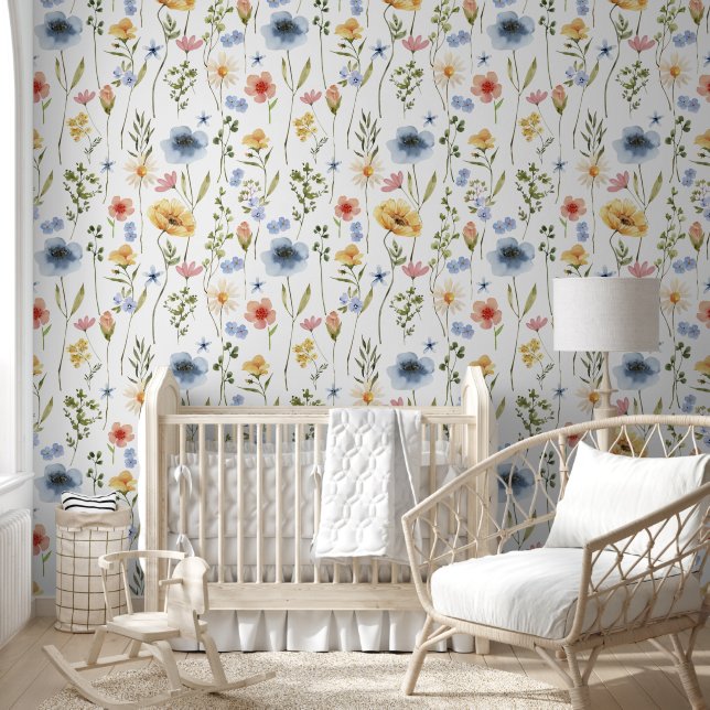 Blue Yellow Pink Wildflower Watercolor Wallpaper (Kids)