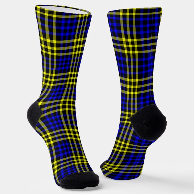Blue Yellow Plaid Chequered Seamless Pattern Socks (Angled)