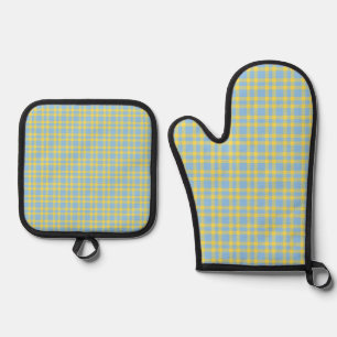 Blue Yellow Plaid Pattern Oven Mitt & Pot Holder Set