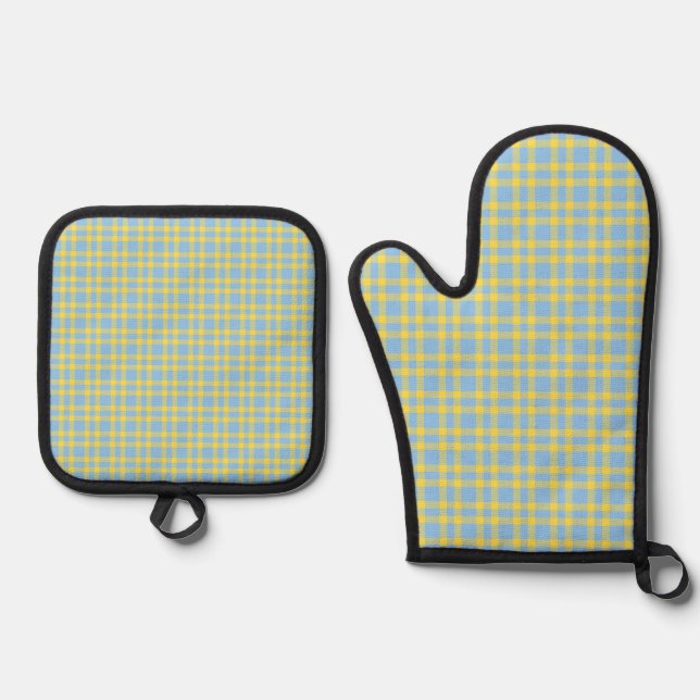 Blue Yellow Plaid Pattern Oven Mitt & Pot Holder Set (Front)