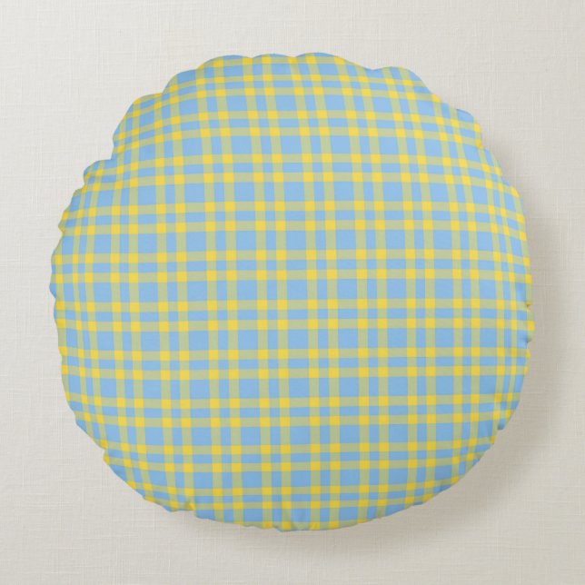 Blue Yellow Plaid Pattern Round Cushion (Front)