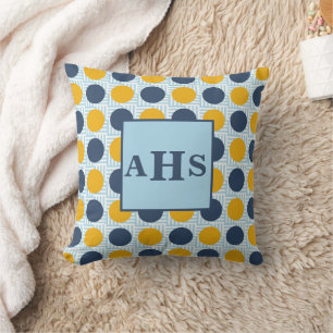 Blue Yellow Polka Dots Monogram 3 Initial Cushion