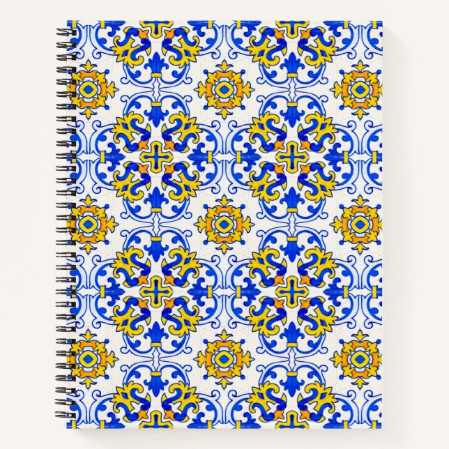 Blue Yellow Portuguese Azulejo Seamless Pattern Notebook (Front)