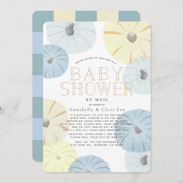 Blue & Yellow Pumpkin Boy Baby Shower by Mail Invitation (Front/Back)