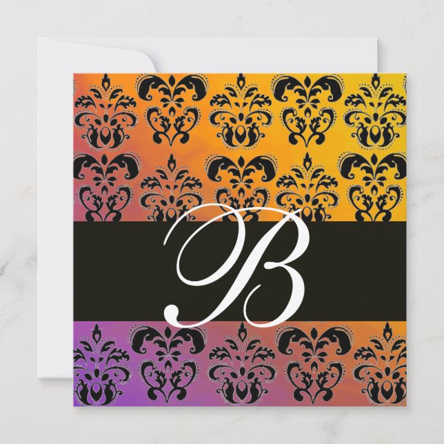 BLUE YELLOW PURPLE BLACK  DAMASK MONOGRAM , white Invitation (Front)