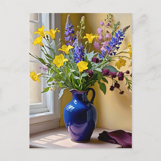 Blue Yellow Purple Blooms Art Holiday Postcard (Front)