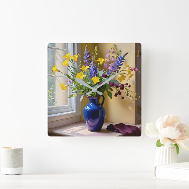 Blue Yellow Purple Blooms Art Square Wall Clock (Home)