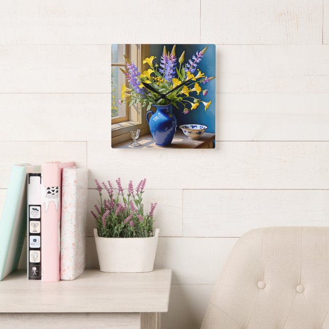Blue Yellow Purple Bouquet Art Square Wall Clock (Reading Room)