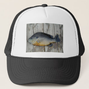 blue yellow purple teal, Bluegill fish on dock Trucker Hat