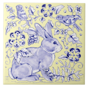 Blue Yellow Rabbit Bird Woodland Floral Pretty Ceramic Tile