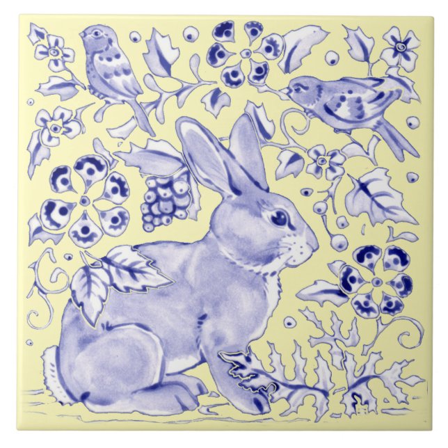 Blue Yellow Rabbit Bird Woodland Floral Pretty Ceramic Tile (Front)