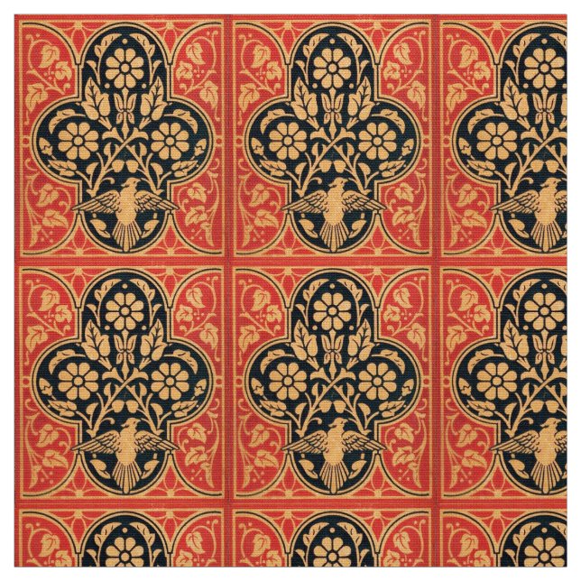 BLUE YELLOW RED DAMASK FLOWERS WITH DOVE FABRIC (Swatch)