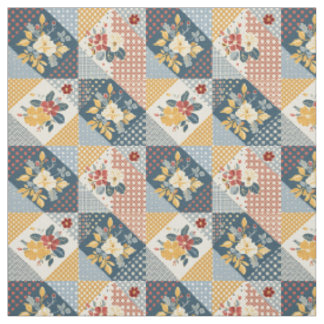 Blue Yellow Red Floral Quilt Patchwork Cottagecore Fabric
