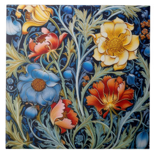Blue Yellow Red Flowers William Morris Style Ceramic Tile
