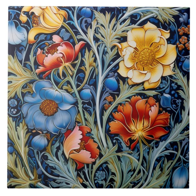  Blue Yellow Red Flowers William Morris Style  Ceramic Tile (Front)