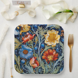 Blue Yellow Red Flowers William Morris Style Paper Plate