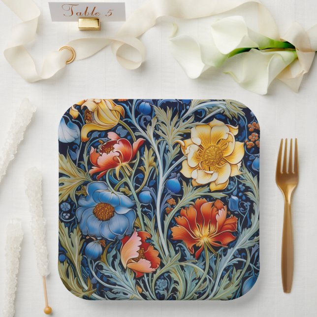  Blue Yellow Red Flowers William Morris Style  Paper Plate (Wedding)