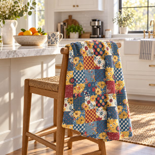 Blue Yellow Red Quilt Patchwork Gingham Floral Fleece Blanket