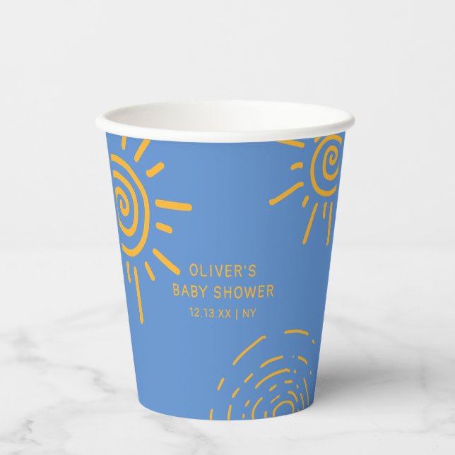 Blue Yellow Retro Ray Of Sunshine Baby Shower Paper Cups (Front)