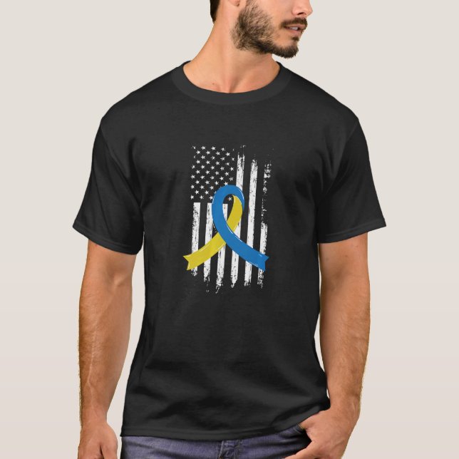 Blue Yellow Ribbon US Flag Down Syndrome Awareness T-Shirt (Front)