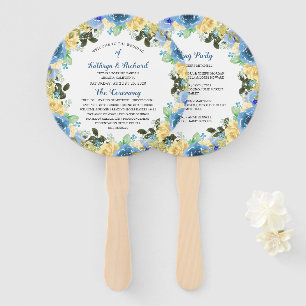 Blue Yellow Rose Garden Wedding Program Hand Fan
