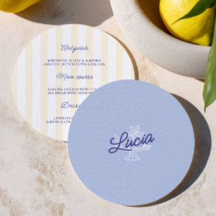 Blue & Yellow Round Wedding Place Card & Menu 