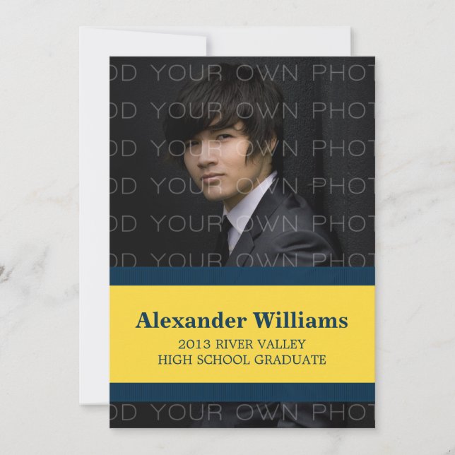 Blue/Yellow School Colour Stripes Grad Invite (Front)