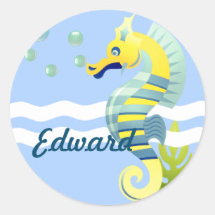 Blue & Yellow Seahorse Classic Round Sticker