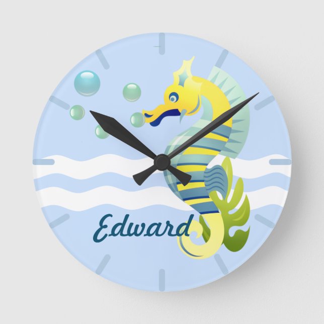 Blue & Yellow Seahorse Round Clock (Front)