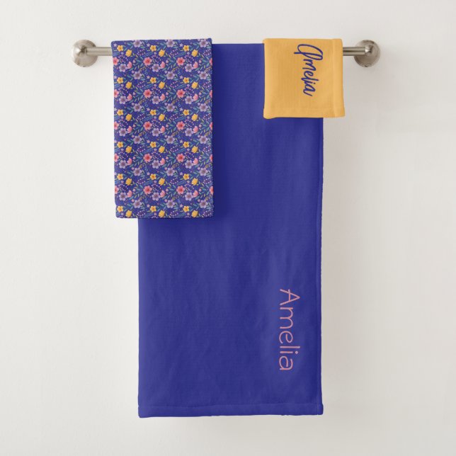 Blue  yellow simple wildflower pattern name bath towel set (Insitu)