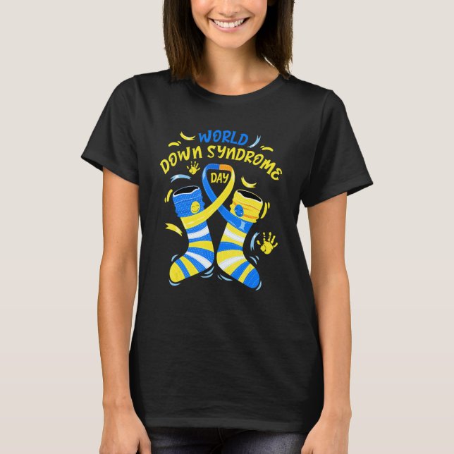 Blue Yellow Sock 21 Awareness Day Ribbon World Dow T-Shirt (Front)