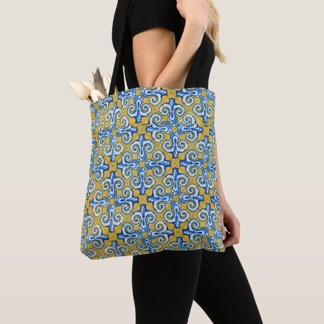 Blue /Yellow Spanish Tile Design Tote Bag (Close Up)