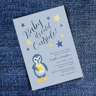 Blue Yellow Star Penguin Baby Shower Invitation