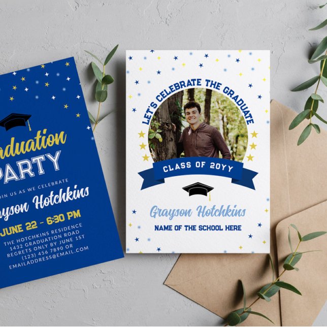 Blue & Yellow Stars Celebrate the Graduate Photo Invitation (Creator Uploaded)