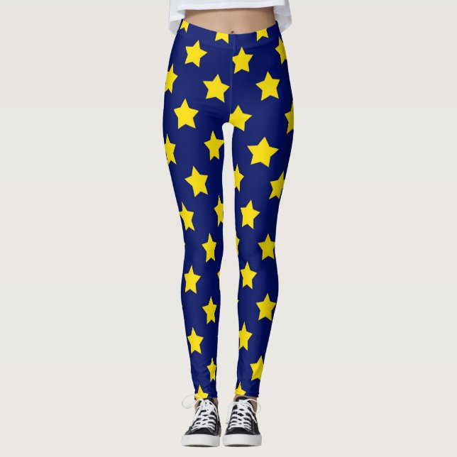 Blue Yellow Stars Pattern Decorative Leggings (Front)