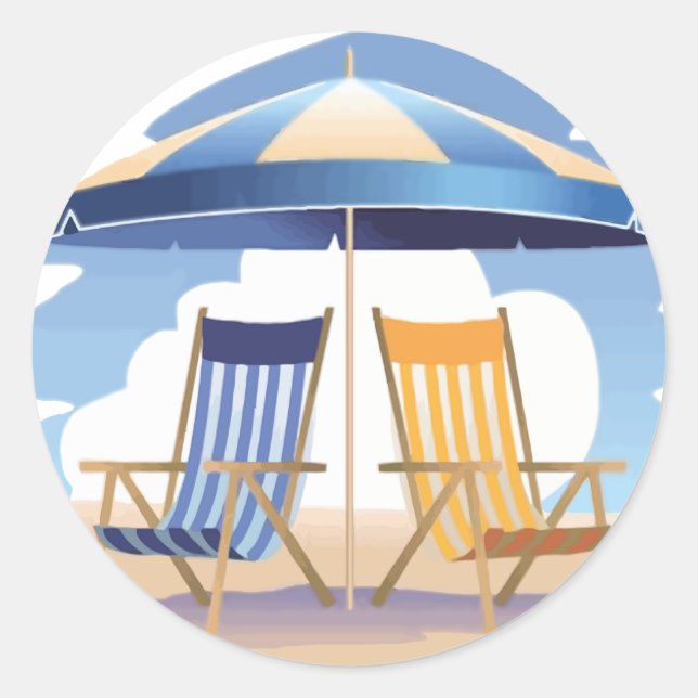 Blue & Yellow Striped Beach Chairs & Umbrella Classic Round Sticker (Front)
