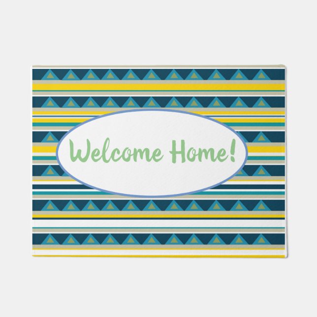 Blue, Yellow Stripes and Triangles Doormat (Front)
