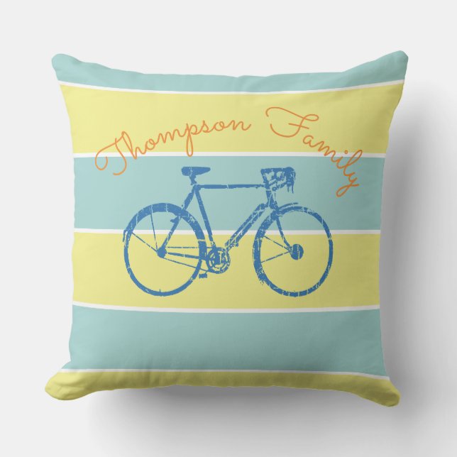 blue & yellow stripes with bicycle, family cushion (Front)