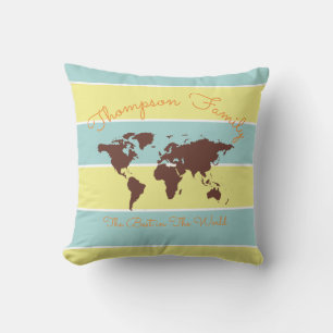 Blue & Yellow Stripes with world map, family Cushion