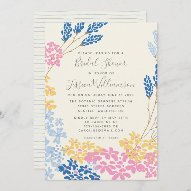 Blue Yellow Summer Flower Wreath Bridal Shower Inv Invitation (Front/Back)