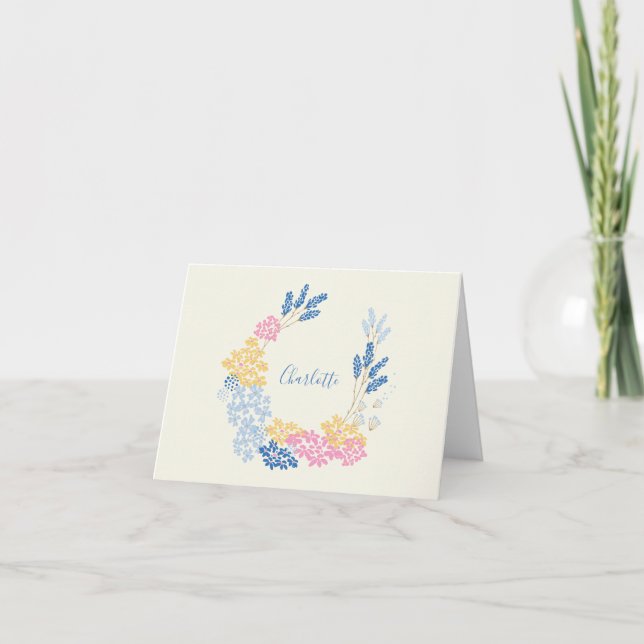Blue Yellow Summer Flower Wreath Personalised Thank You Card (Front)