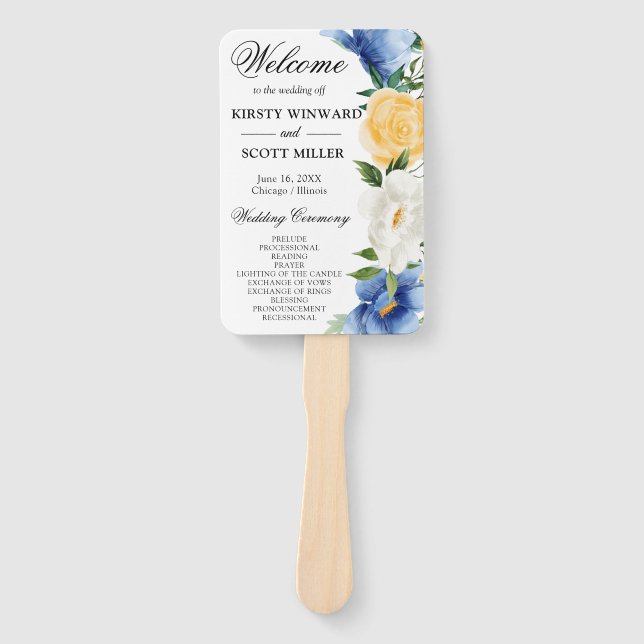 Blue & Yellow Summer Flowers Wedding Program Hand Fan (Front)