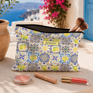 Blue Yellow Summer Sicilian Majolica Citrus Tile Accessory Pouch