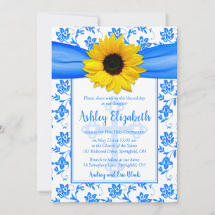 Blue Yellow Sunflower Damask First Communion Invitation