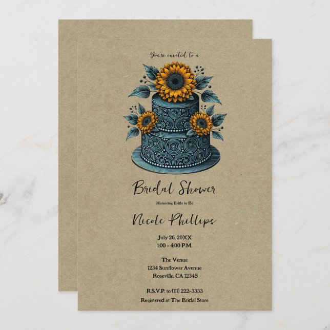 Blue & Yellow Sunflower Tier Cake Bridal Shower Invitation (Front/Back)