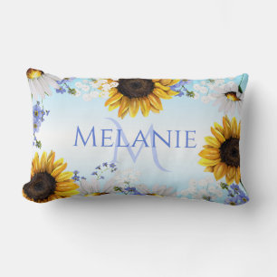 Blue Yellow Sunflower Wildflowers Monogram Lumbar Cushion