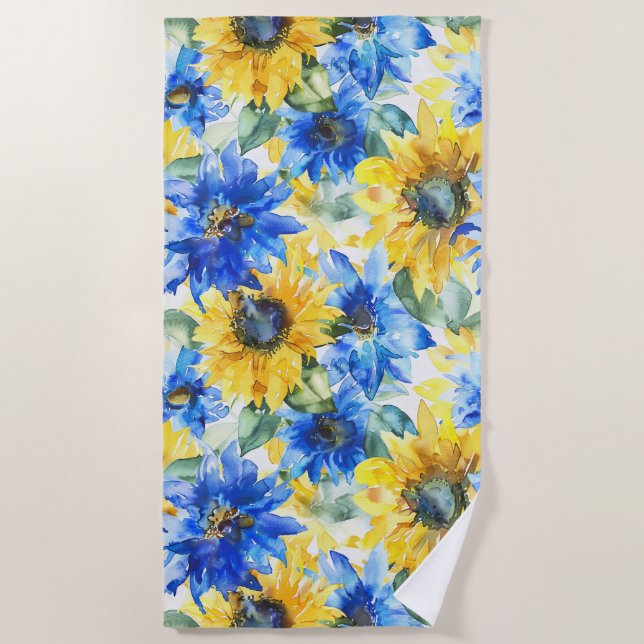 Blue Yellow Sunflowers Beach Towel (Front)