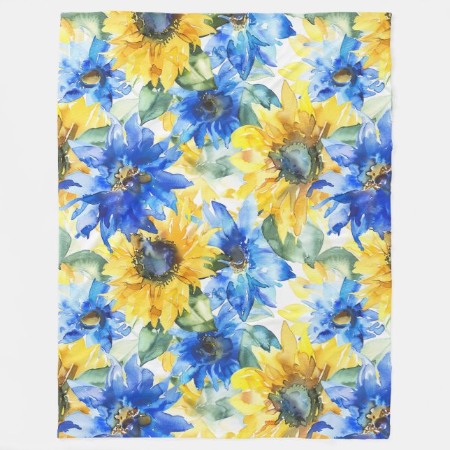 Blue Yellow Sunflowers Fleece Blanket (Front)