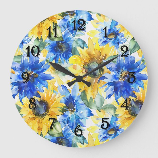 Blue Yellow Sunflowers Large Clock (Front)