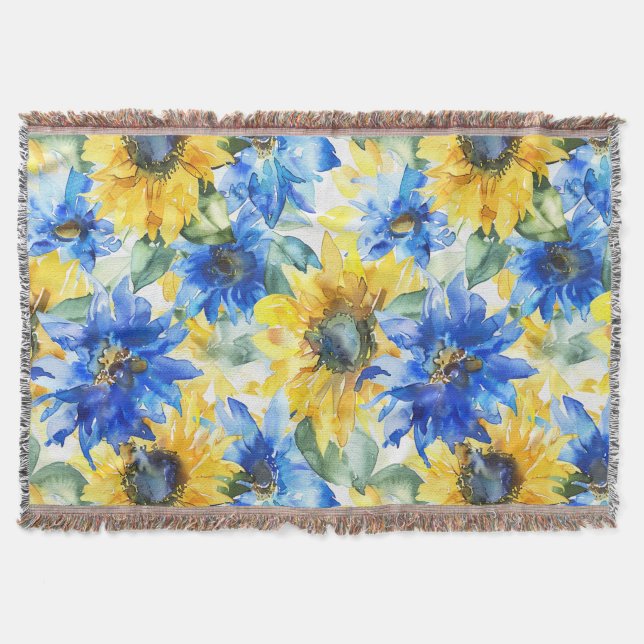Blue Yellow Sunflowers Throw Blanket (Front)